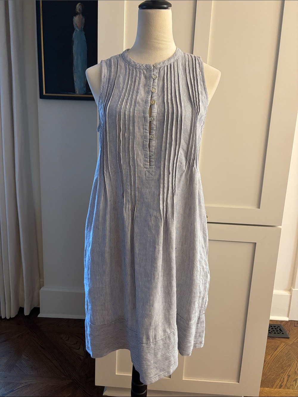 Faherty Blue and White Sleeveless Striped Linen Dress